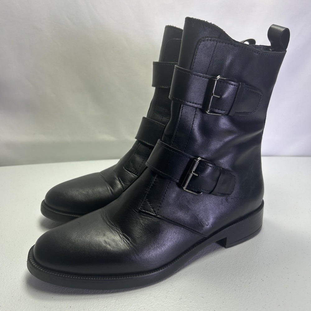 Emanuele Crasto Black Leather Double Buckle Moto Boots Size 39 US 8
